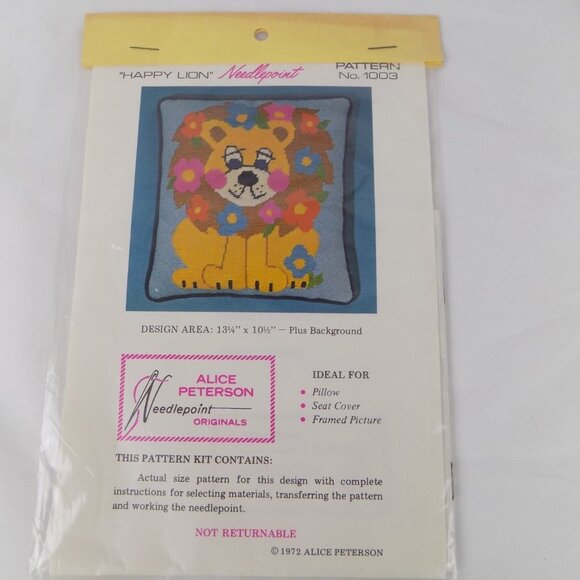 Alice Peterson Happy Lion Needlepoint Original #1003 1972 Pillow Picture Vtg New - Picture 3 of 4
